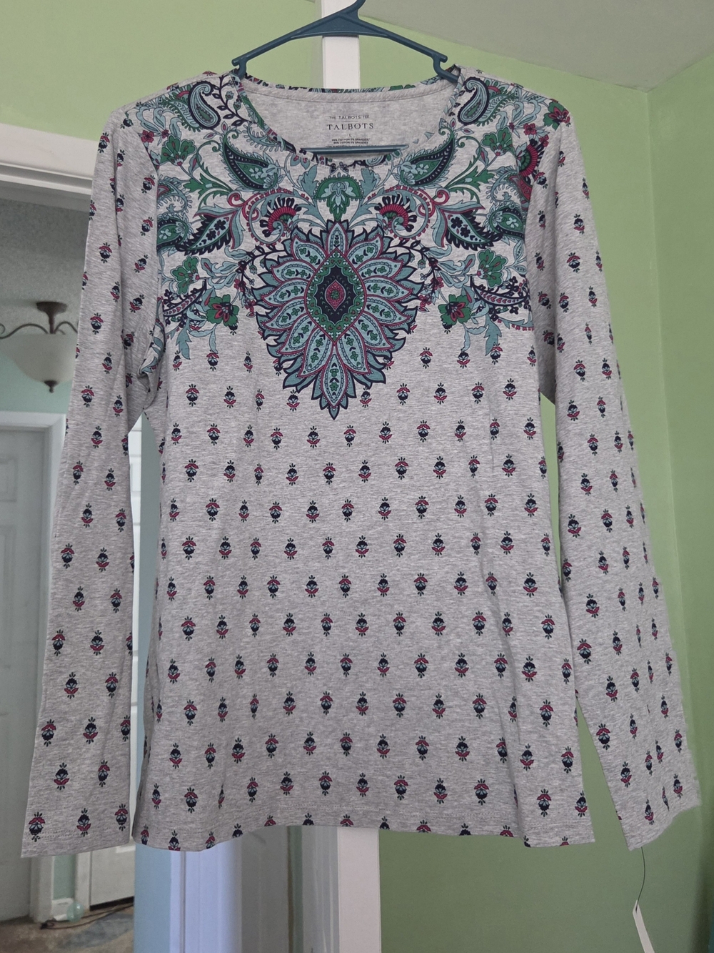 Talbots Gray Long-Sleeve Tee with Teal and Navy Paisley Medallion